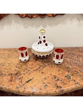 Vintage Rudy Bohemian Czech Glass Candy Dish & 2 Small Candle Holders